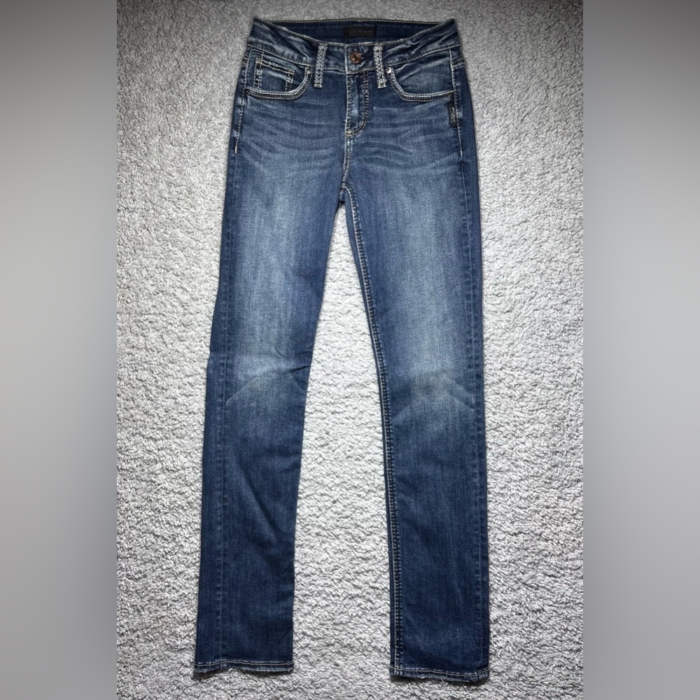 Silver Jeans Womens 25 Avery Straight Dark Wash Big Stitch Classic Denim Embroid